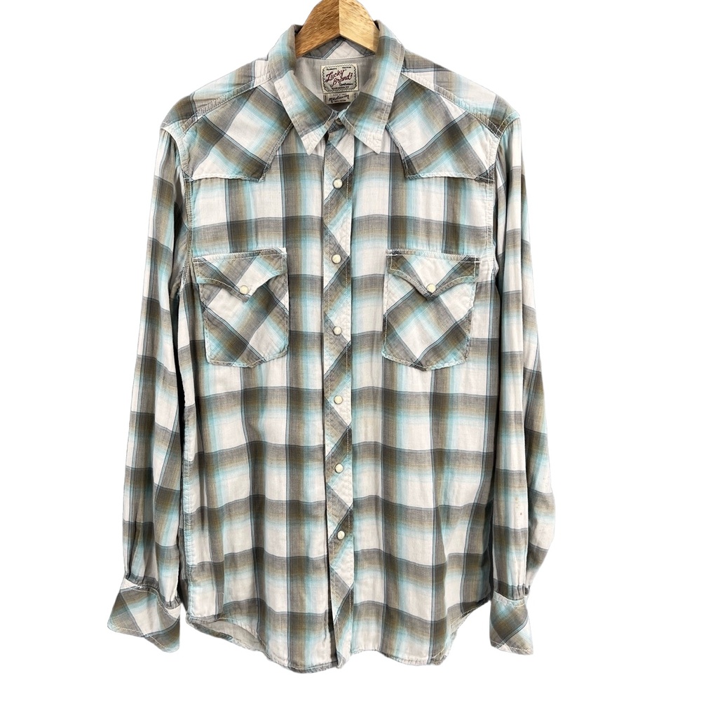 Lucky Brand Men’s Western Pearl Snap Plaid Shirt Long Sleeve Cotton Medium